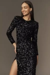 Helsi Quinn Long-sleeve Open-back Sequin Velvet Maxi Dress In Black
