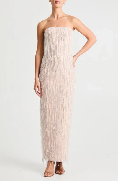Helsi Ramona Fringe Embellished Strapless Column Gown In Neutral