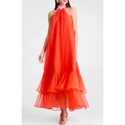 Helsi Romy Floral Appliqué Tiered Crinkle Chiffon Halter Dress In Red
