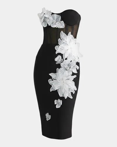 Helsi Rowan Strapless Floral Applique Bodycon Midi Dress In Black
