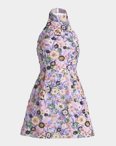Helsi Sarah Floral Sequin Halter Mini Dress In Purple