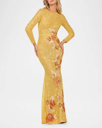 Helsi Shalom Sequin Floral Applique Column Gown In Saffron