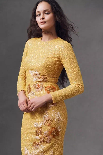 Helsi Shalom Sequin Floral Appliqué Column Maxi Dress In Yellow