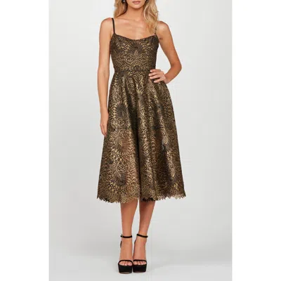 Helsi Taylor Metallic Lace Midi Cocktail Dress In Brushed Gold/black