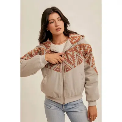 Hem & Thread Aztec Contrast Zipper Hoodie Jacket In Grey Multi In Brown