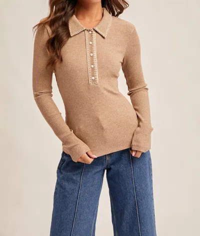 Hem & Thread Blanket Stitch Collar Button Down Top In Brown