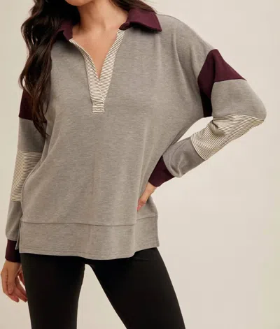 Hem & Thread Brushed Jersey Stripe Mix Pullover In Charcoal And Eggplant