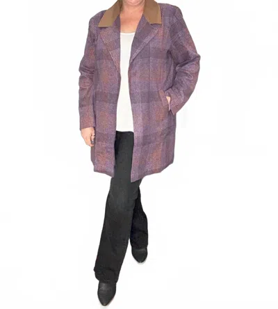 Hem & Thread Brushed Plaid Coat With Contrast Collar In Eggplant In Purple