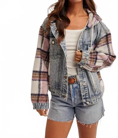 Hem & Thread Brushed Plaid Contrast Hooded Jacket In Denim/pink In Multi