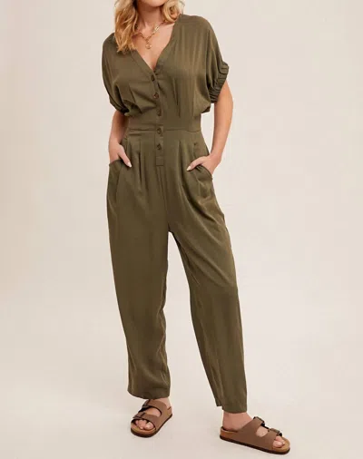 Hem & Thread Button Down Belted Jumpsuit In Olive In Green