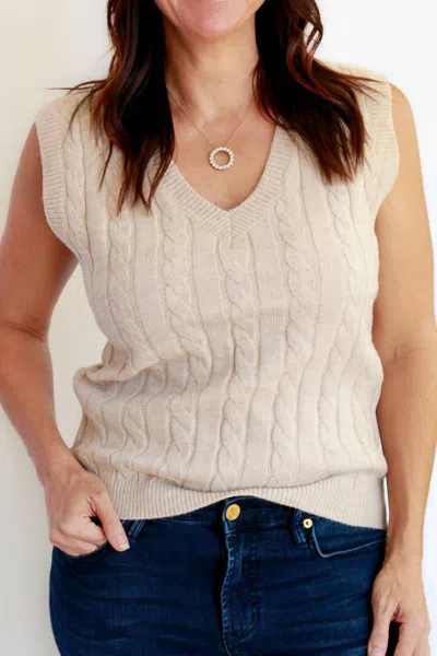 Hem & Thread Cable V-neck Sweater Vest In Beige