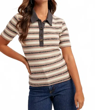 Hem & Thread Carlotta Striped Polo Shirt Top In Beige In Multi