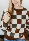 Hem & Thread Check Crew Neck Sweater In Coffee Grey In Multi