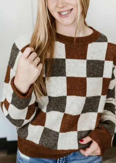 Hem & Thread Check Crew Neck Sweater In Coffee Grey In Multi