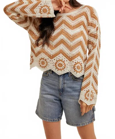 Hem & Thread Chevron Crochet Knit Pullover Top In Taupe/ White