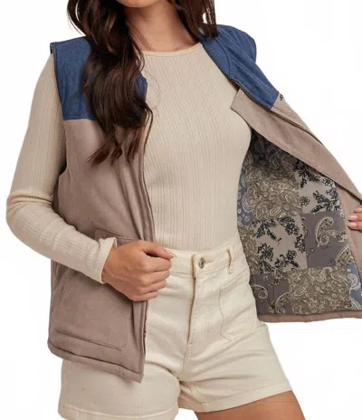 Hem & Thread Color Block Corduroy Vest With Mixed Print Lining In Multi In Neutral