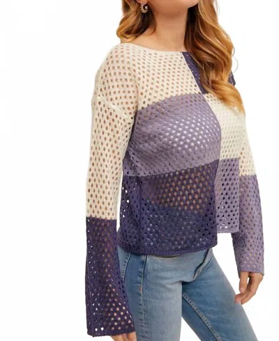 Hem & Thread Color Block Fishnet Boat Neck Sweater In Blue/cream In Purple