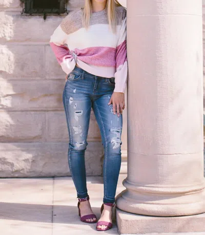 Hem & Thread Color Block Striped Knit Sweater In Multi In Pink