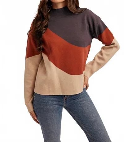 Hem & Thread Color Block Wave Mock Neck Sweater In Navy/brick/taupe In Multi
