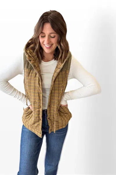 Hem & Thread Corduroy Mixed Plaid Puffer Vest In Mustard In Yellow