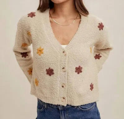 Hem & Thread Cozy Embroidered Button Down Cardigan In Ecru In Neutral