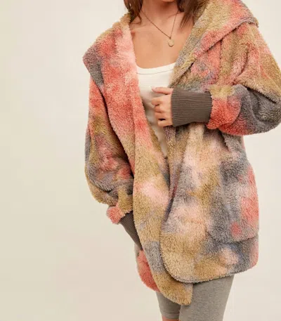 Hem & Thread Cozy Fleece Open Front Cardigan In Tie Dye Vintage Red/moss In Multi