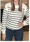 Hem & Thread Crew Neck Stripe Bubble Sleeve Pullover In Olive In Green