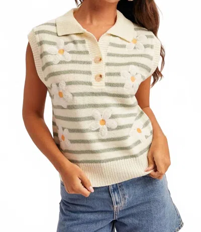 Hem & Thread Daisy Stripe Sweater Vest In Sage In Animal Print