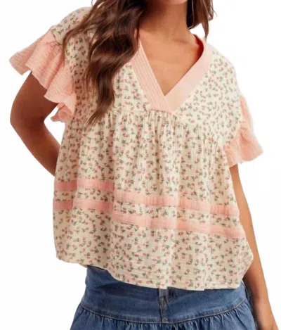 Hem & Thread Ditsy Floral Babydoll Top In Peach In Pink