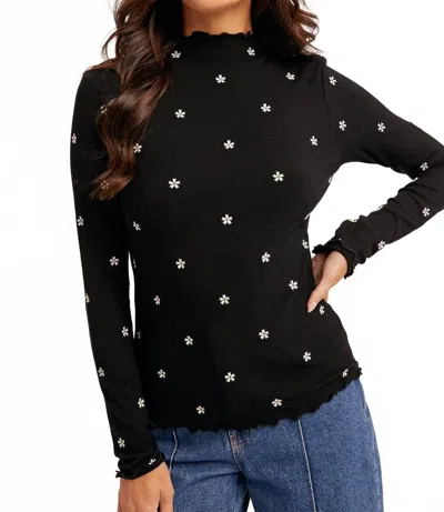 Hem & Thread Eden Flower Embroidered Mock Neck Sweater In Black & White