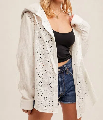 Hem & Thread Eyelet Mixed Button Hoodie Shirt In Ivory/heather Grey In Multi