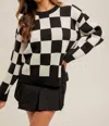 Hem & Thread Fast Lane Checkered Crew Neck Sweater In Black/white In Black