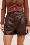 Hem & Thread Faux Leather Pleated Shorts In Brown In Brown