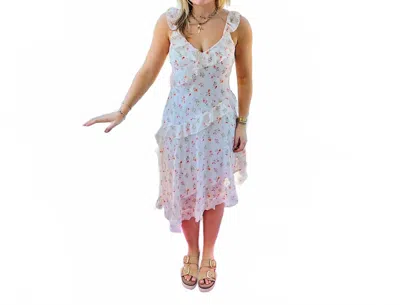 Hem & Thread Floral Asymmetrical Chiffon Dress In White In Blue