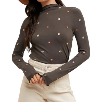 Hem & Thread Floral Puff Top In Charcoal In Pink