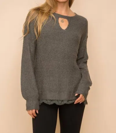Hem & Thread Florence Waffle Knit Lace Hem Top In Gray In Grey