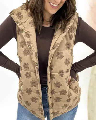 Hem & Thread Flower Puffer Vest In Mocha In Multi