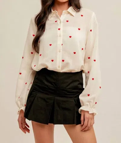 Hem & Thread Heart Bubble Sleeve Button Down In Ivory Red Heart Pattern In White