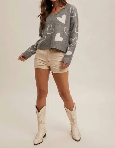 Hem & Thread Heart V-neck Sweater Top In Grey In Gray