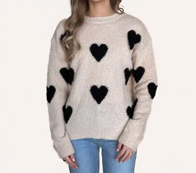 Hem & Thread Hearts Crew Neck Soft Sweater In Taupe In White