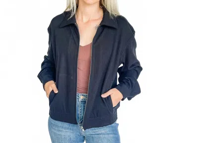 Hem & Thread Jersey Zip Bomber Jacket In Black Suede In Blue