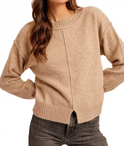 Hem & Thread Josie Center Seam Slit Front Sweater In Tan In Brown