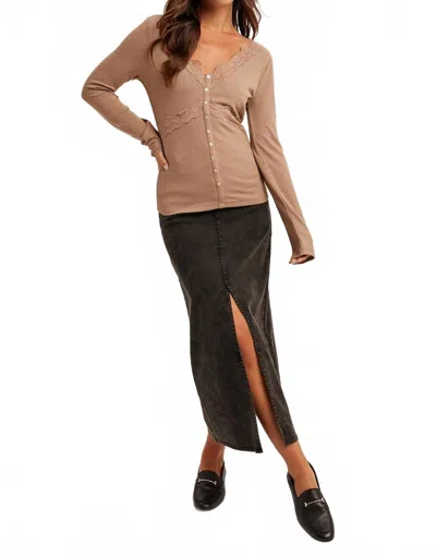 Hem & Thread Lace Trim Long Sleeve Top In Taupe In Brown