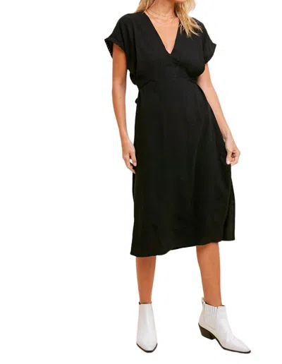 Hem & Thread Linen V-neck Wrap Midi Dress In Black
