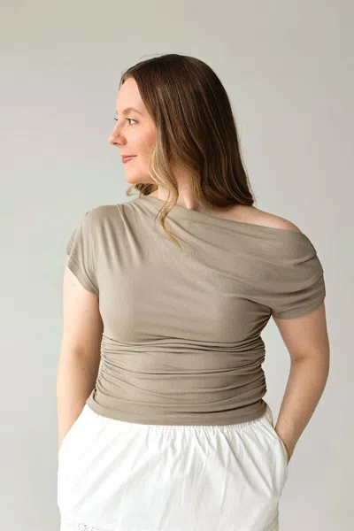 Hem & Thread Olivetta Asymmetrical Ruched Knit Top In Taupe In Neutral