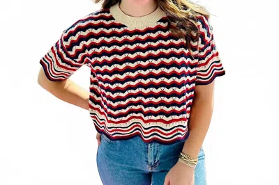 Hem & Thread Open Knit Short Sleeve Sweater In Red/ Navy In Multi