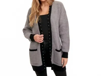 Hem & Thread Pearl Embellished Color Block Cardigan In Heather Gray