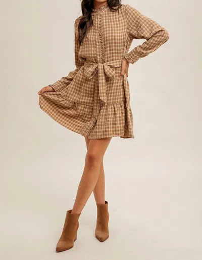 Hem & Thread Plaid Belted Ruffle Shirt Dress In Brown