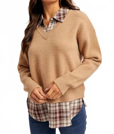 Hem & Thread Plaid Contrast Mixed V-neck Sweater In Burgundy Plaid /tan In Gold