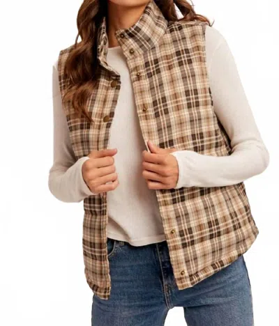Hem & Thread Plaid Puffer Vest In Rustic Brown